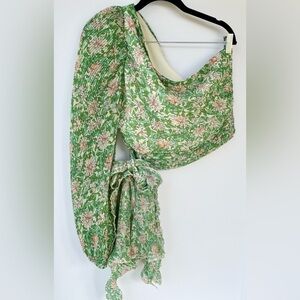 LULUS One Shoulder Pleated Cropped Green Floral Top Sz M Boho Festival Coquette